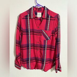 American Eagle Boho western red plaid cowgirl button down shirt, size XS